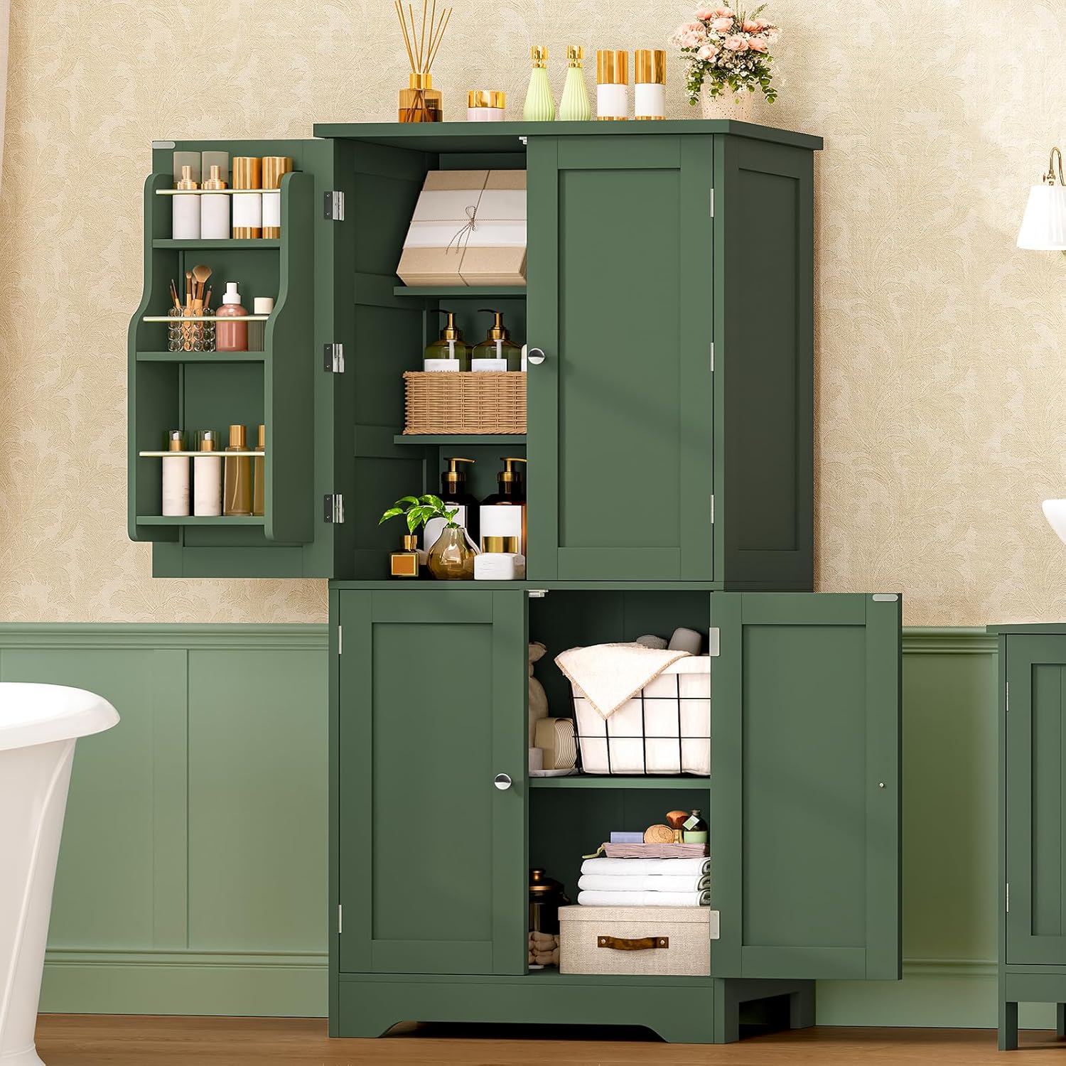 TEENFON 51" H Pantry Cabinet with 4 Doors, Kitchen Cabinet with 6 Door Shelves, Kitchen Pantry for Living Room, Dining Room, Bathroom, Green