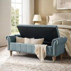 HULALA HOME Farmhouse Storage Bench, Blue | End of Bed Bench with Vintage Button-Tufted Design, Bedroom Bench with Storage for Bedroom, Entryway, Living Room