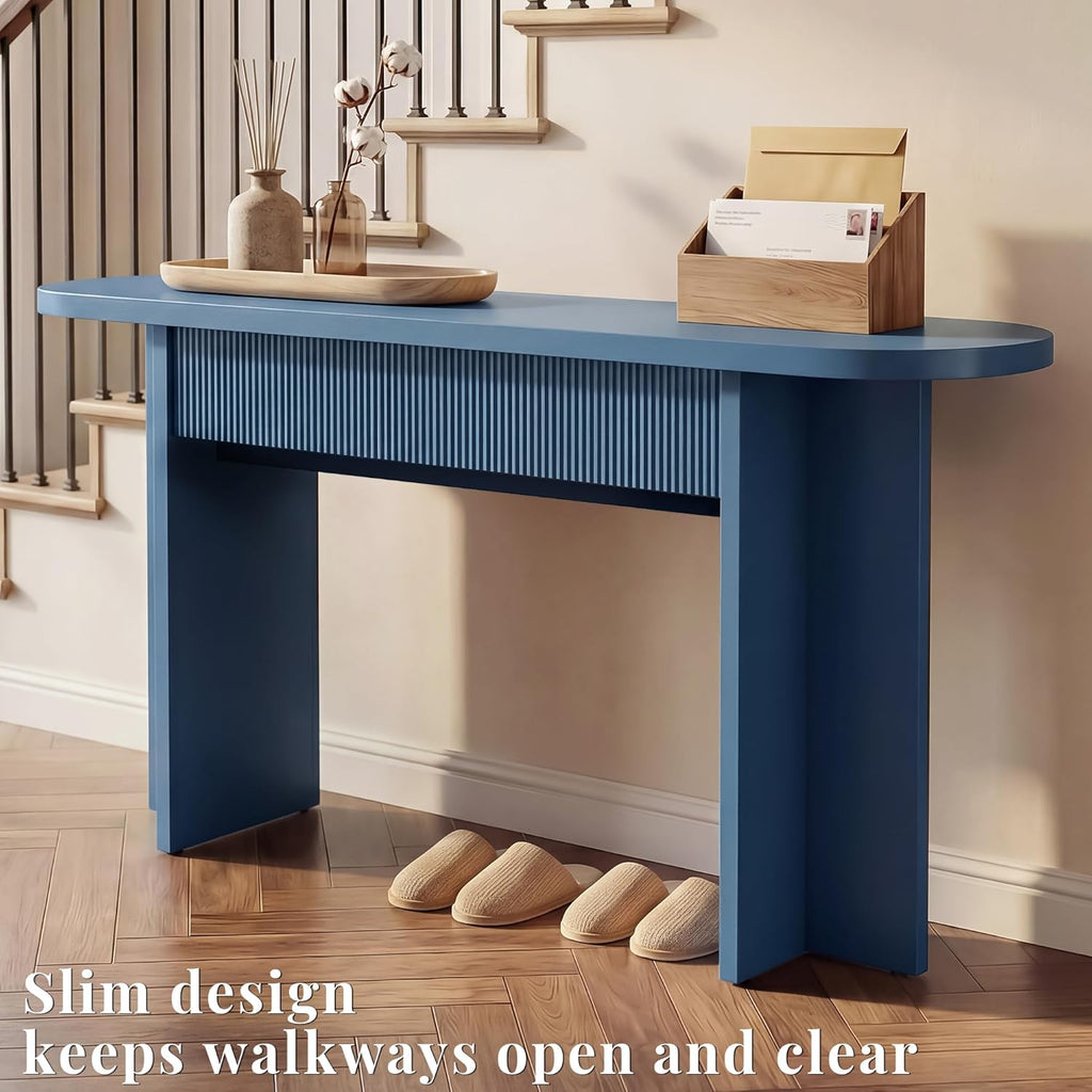 63" Fluted Entryway Console Table with 2 Drawers & Storage, Blue | Ribbed Accent Piece,Curved Edge,Hidden Catch-All,Dense MDF,Narrow Hallway,Behind Couch,Slim Profile,Solid Build,Foyer Accent