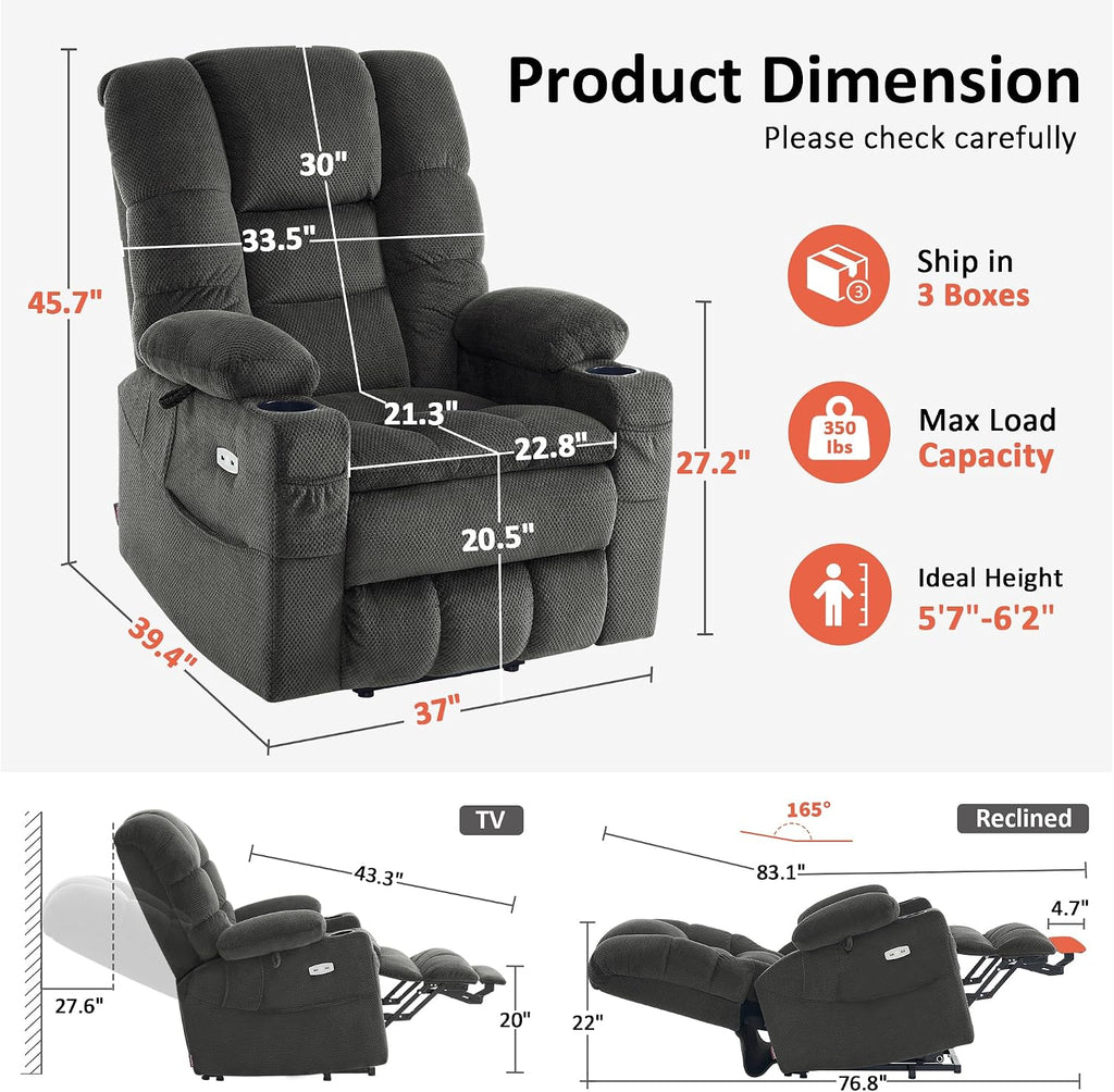MCombo Triple Motor Lay Flat Power Lift Recliner Chair for Tall Elderly, Infinite Position, Massage, Dual Heating, Adjustable Headrest, Fabric 7634 (Grey, Large)