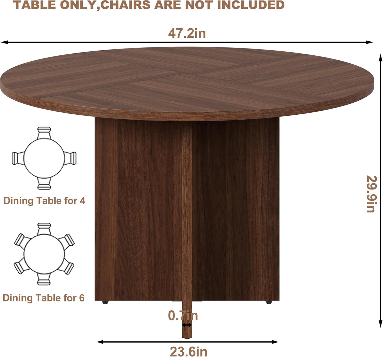 47 Inch Round Dining Table for 4-6 People, Rustic Circle Kitchen Table with X-Shaped Stable Pedestal, Dinner Table for Dining Room Kitchen Living Room, Walnut