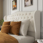 King Size Bed Frame with Tall 51.2" Wingback Headboard, Luxury Platform Bed with Velvet Upholstered Footboard, Deep Button Tufted, Nailhead Trim, No Box Spring Needed, Easy Assembly, Cream
