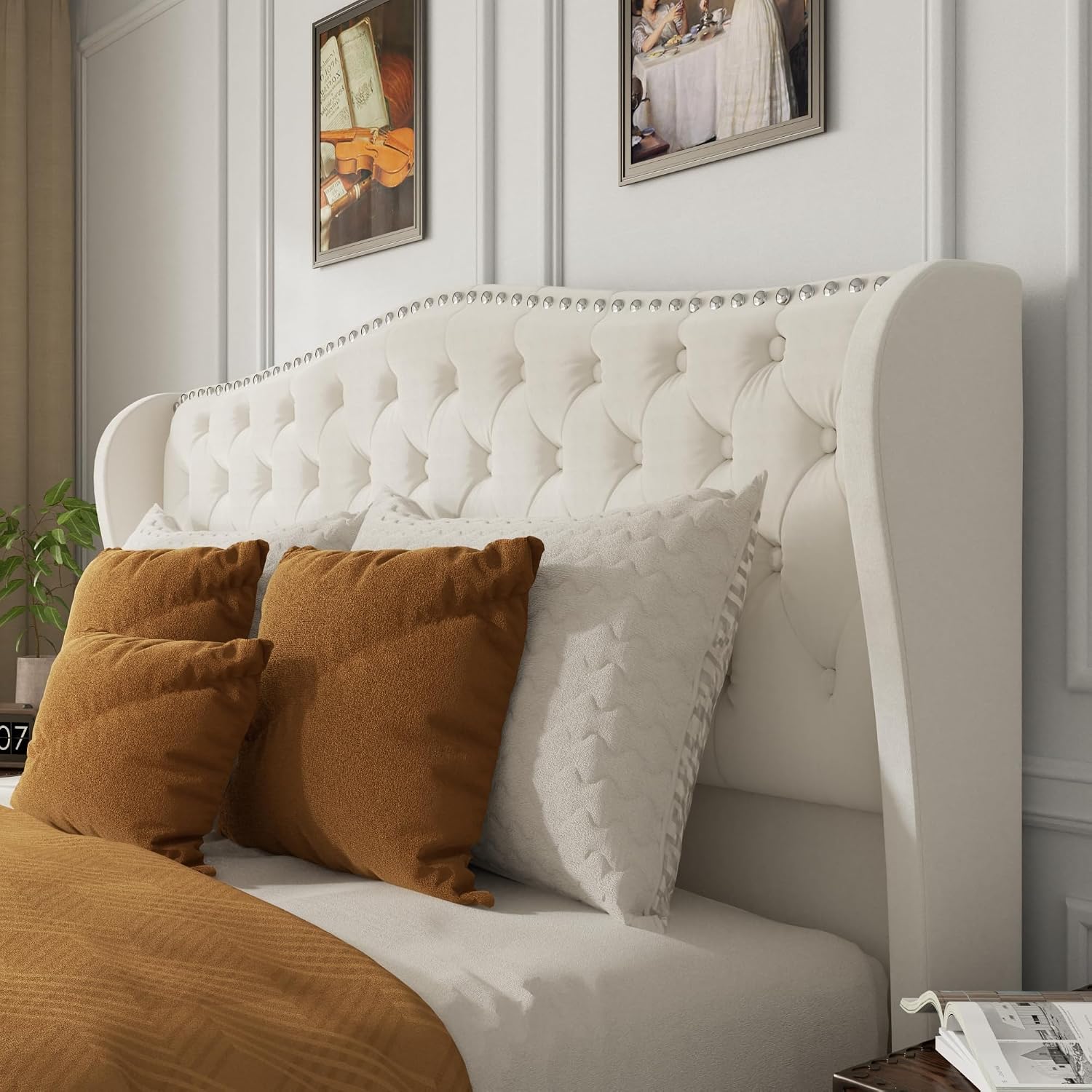 King Size Bed Frame with Tall 51.2" Wingback Headboard, Luxury Platform Bed with Velvet Upholstered Footboard, Deep Button Tufted, Nailhead Trim, No Box Spring Needed, Easy Assembly, Cream
