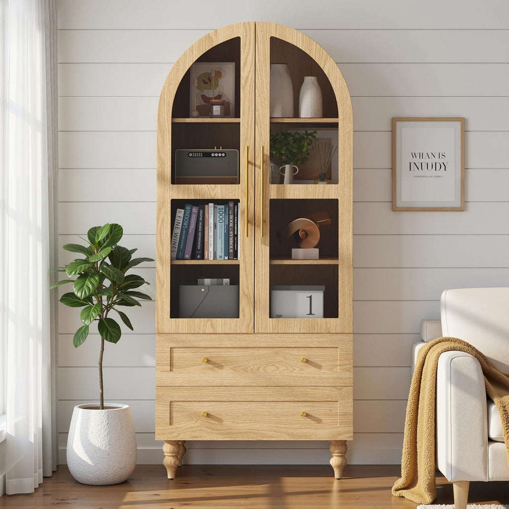 Vongrasig 71" Tall Arched Kitchen Pantry Storage Cabinet with Glass Doors, 2 Large Drawers, 6-Tier Tall Rustic Wood Cupboard Locker for Kitchen, Dining Room, Living Room, Bathroom,Natural