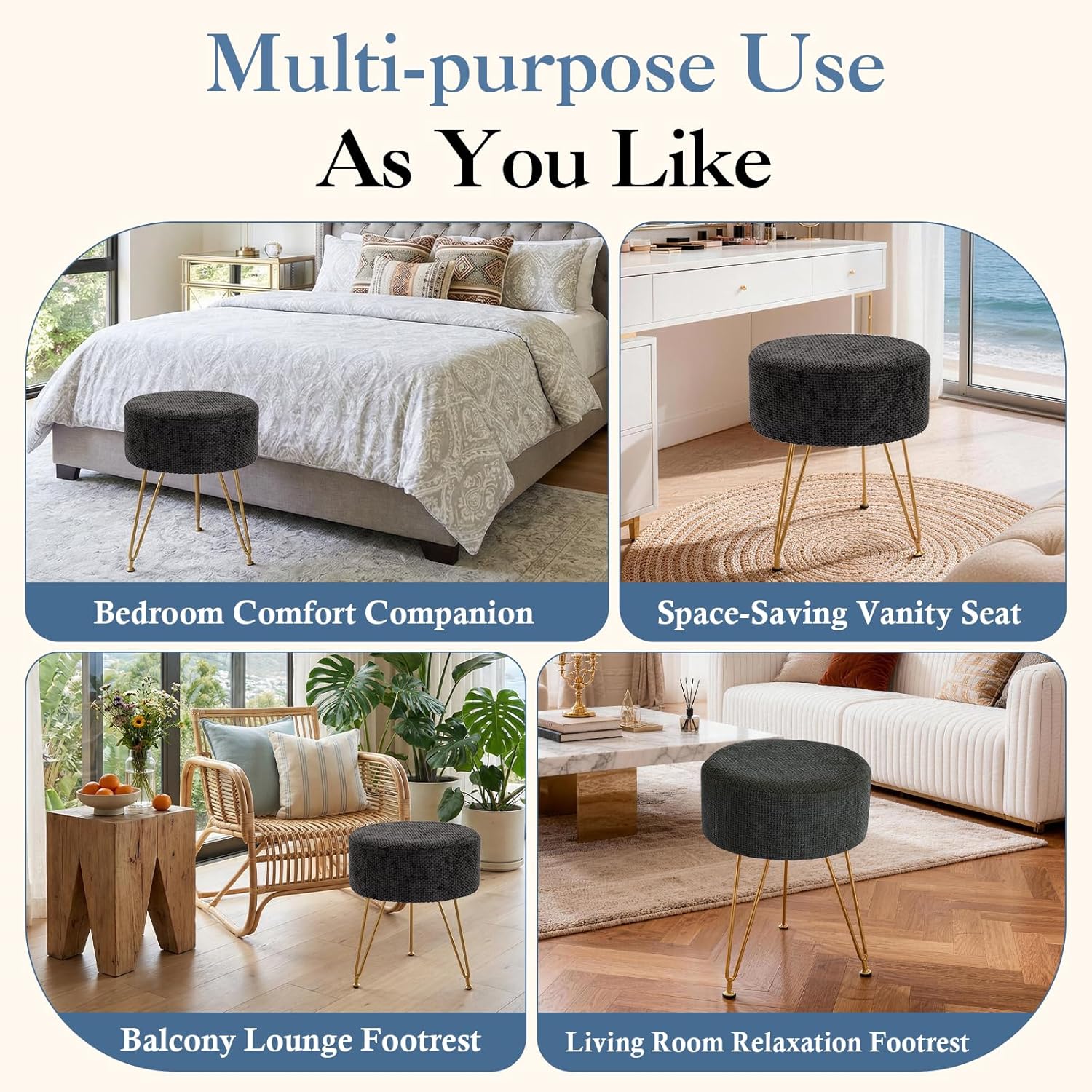 DUMOS Vanity Stool, Velvet Vanity Chair for Makeup Room, Round Ottoman Foot Rest with Gold Metal Legs, Makeup Dressing Table Seat for Bedroom, Living Room, Entryway, Black