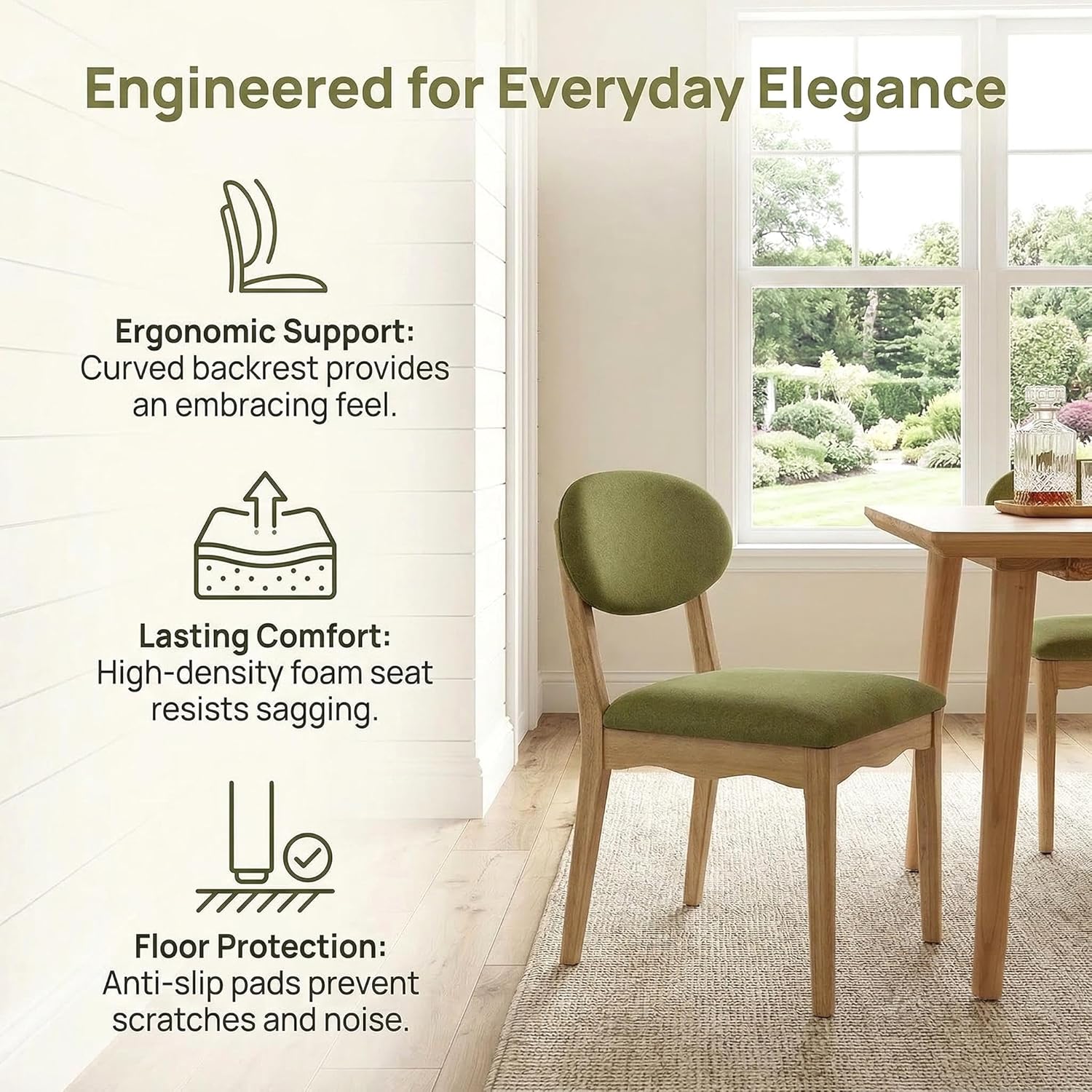 ROCITY Green Upholstered Dining Chairs Set of 2 Wood Dining Room Chairs Farmhouse Boho Kitchen Chairs Linen Fabric Natural Oak Wood
