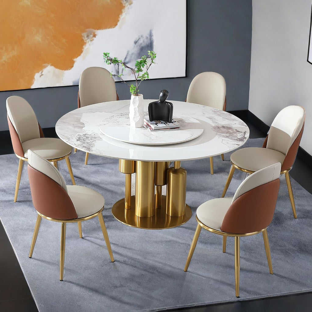 Dining Chairs Set of 2, Modern Faux Leather Chair with Sturdy Gold Metal Legs and Ergonomic Backrest, 2-PCS Dining Room Chairs for Living Kitchen Dining (Beige+Light Brown)