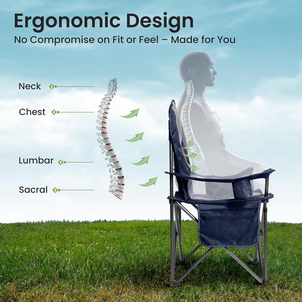 Oversized Camping Chair Heavy Duty- Portable Folding Chair, Cup Holder & Waterproof Phone Case for Adults, Beach, Hiking, Backyard (Blue & Gray, 2 PCS)
