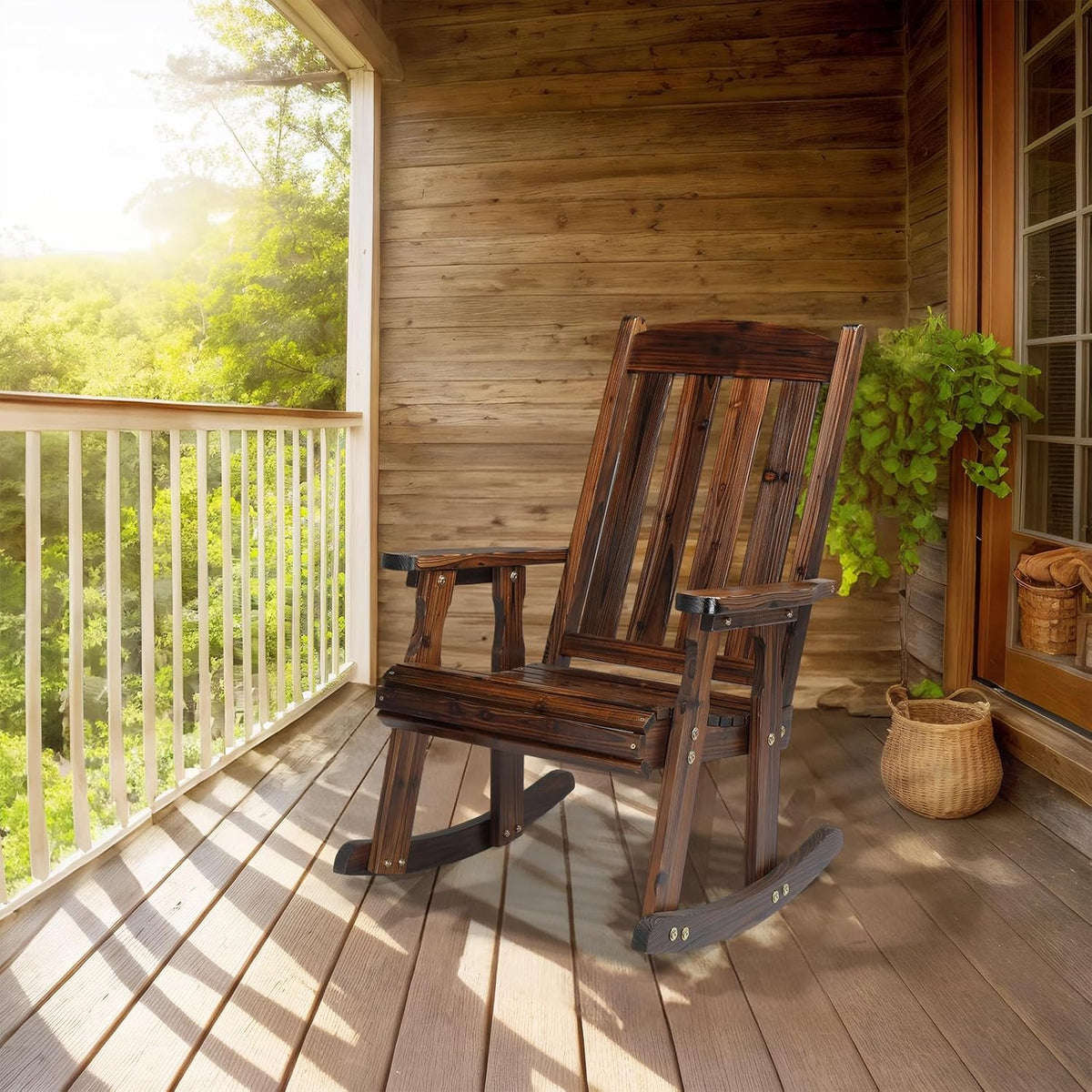 VINGLI Outdoor Rocking Chair, Heavy Duty 600 LBS Wooden Rocking Bench with Comfortable Backrest, Weatherproof Patio Rocker with Ergonomic Design, Wood Rocking Chair for Patio, Garden (Rustic, 2 PCS)