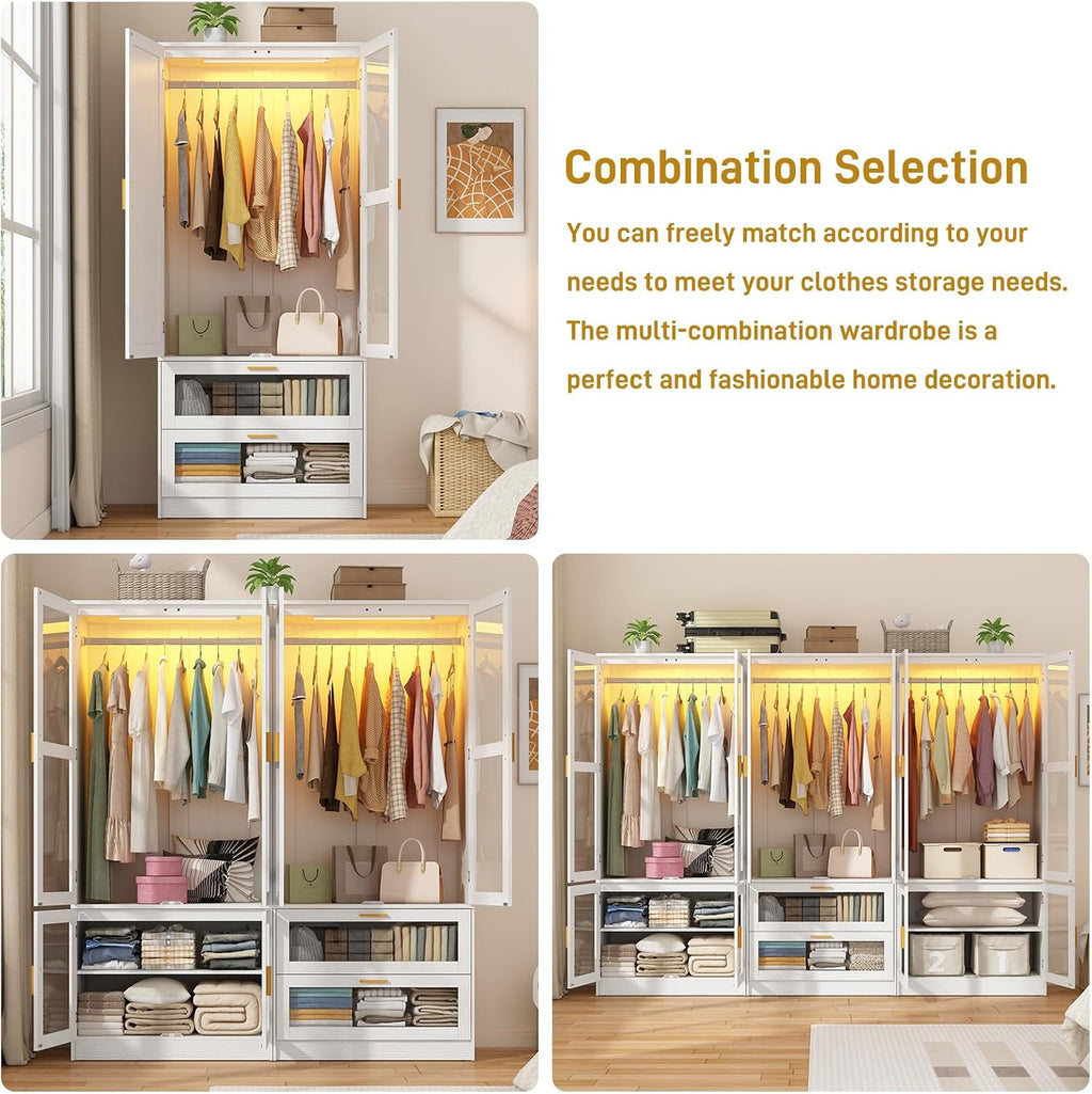 4 Doors Armoire Wardrobe Closet with LED and Mirror,71" H Freestanding Wooden Wardrobe Closet Cabinet for Bedroom w 2 Drawers,Wooden Clothing Storage Cabinet w Hanging Rod,Closets for Bedroom(White)