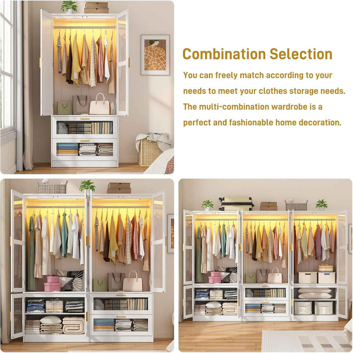 4 Doors Armoire Wardrobe Closet with LED and Mirror,71" H Freestanding Wooden Wardrobe Closet Cabinet for Bedroom w 2 Drawers,Wooden Clothing Storage Cabinet w Hanging Rod,Closets for Bedroom(White)