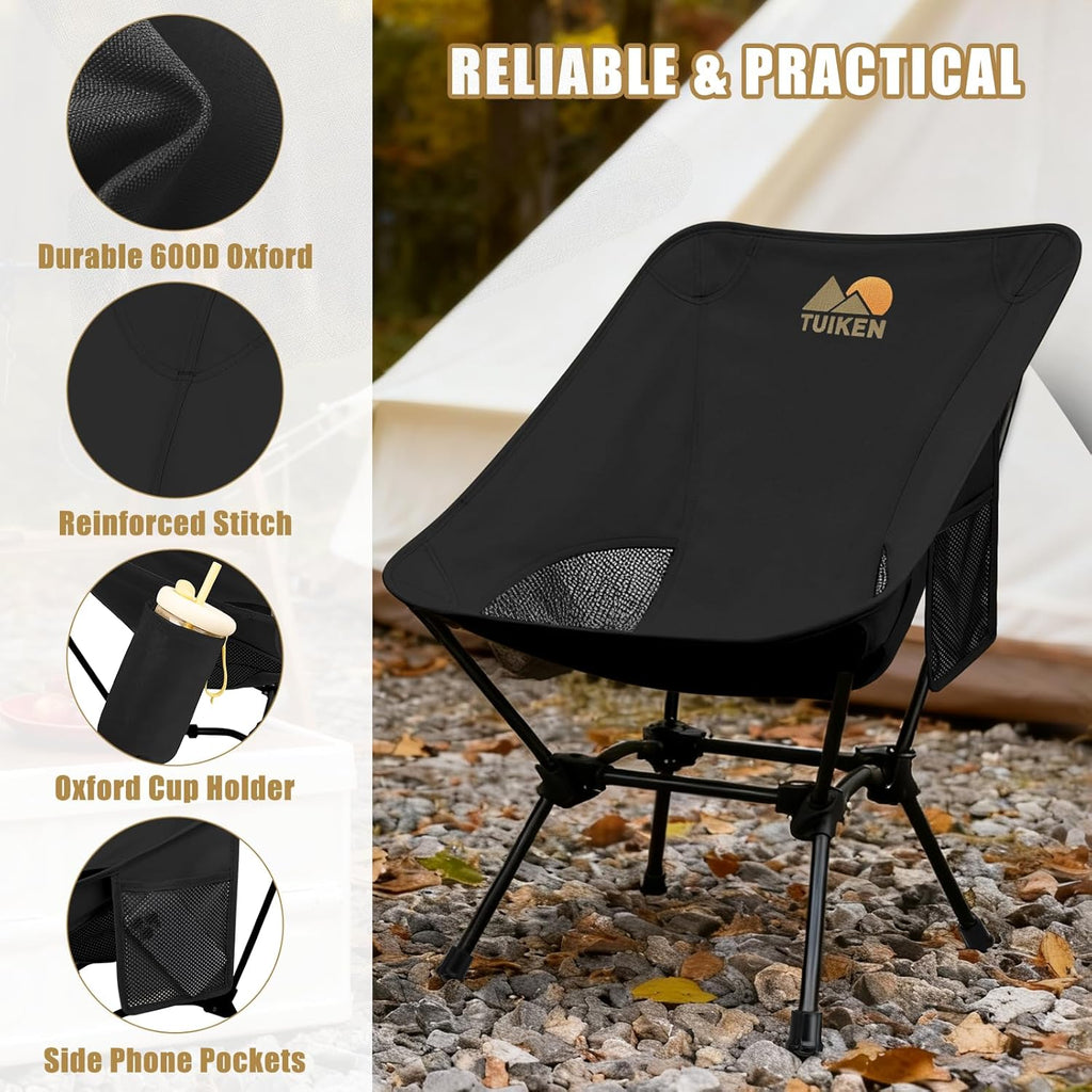 Ultralight Camping Chair Backpacking Chair, Portable Camp Chair with Cup Holder & Storage Bag, Lightweight Compact Folding Chair for Hiking, Travel, Picnic Mountaineering（Deep Black）