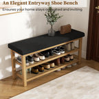 2 Tier Shoe Rack Bench with Cushion, Rubberwood Shoe Benches, Mid-Century Modern Shoe Storage Bench for Entryway, Hallway, Living Room, Closet, Front Door Entrance, Black