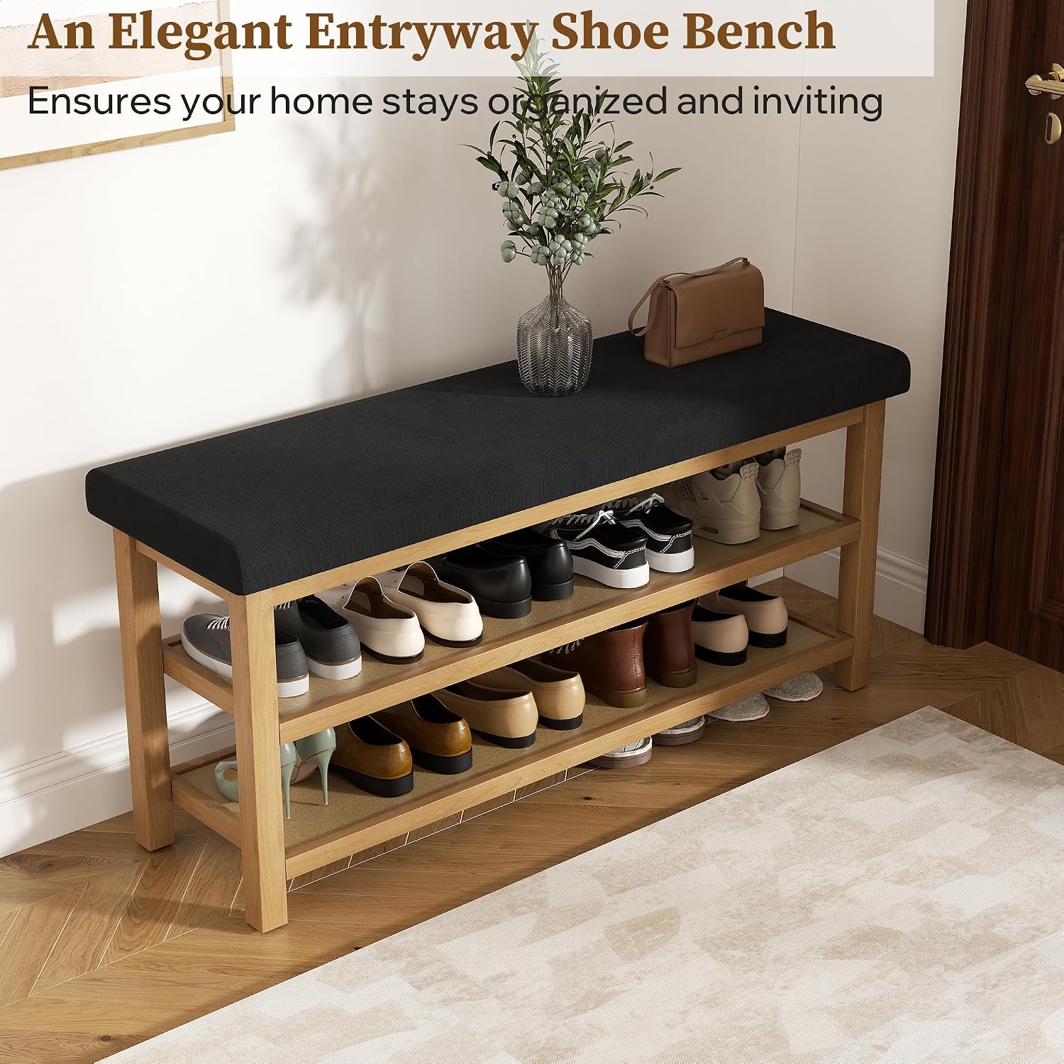 2 Tier Shoe Rack Bench with Cushion, Rubberwood Shoe Benches, Mid-Century Modern Shoe Storage Bench for Entryway, Hallway, Living Room, Closet, Front Door Entrance, Black