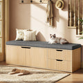 59" Storage Bench with Drawer, 2-Tier Shoe Bench with Doors, Long Entryway Bench, Thickened Cushion, Adjustable Shelf, Fluted Design for Entryway, Bedroom, Living Room, Natural