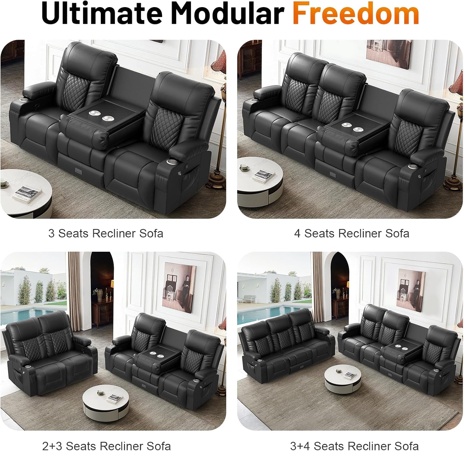 FURNIMAT Recliner Sofa, Modern Dual Reclining Sofa with Flip Back Console, 4 Seater PU Leather Recliner Couch for Living Room/RV, with Storage Drawer, USB Ports, Cup Holder, Cell Phone Holder, Black
