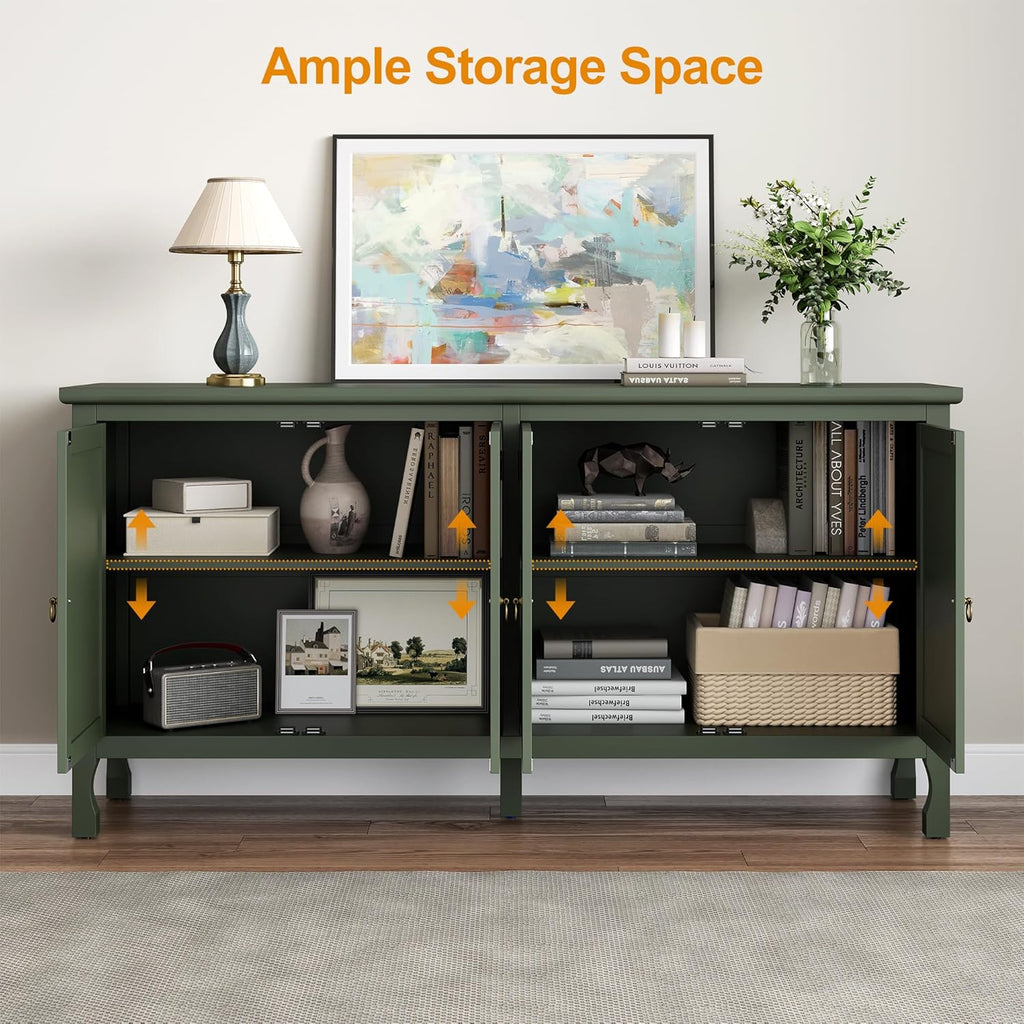Fansafurn 63" Carved Buffet Cabinet with Mirrored Door, Modern Console Table with Storage and Adjustable Shelves, Wood Media Sideboard for Entryway, Living Room, Bedroom, Dining Room, Bathroom (Green)