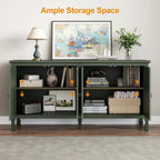 Fansafurn 63" Carved Buffet Cabinet with Mirrored Door, Modern Console Table with Storage and Adjustable Shelves, Wood Media Sideboard for Entryway, Living Room, Bedroom, Dining Room, Bathroom (Green)