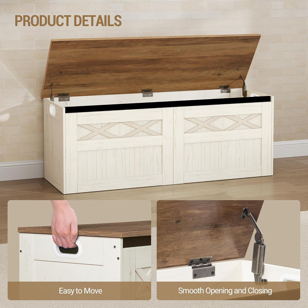 Hzuaneri 47.2" Storage Chest, Large Storage Bench with 2 Hinges, Farmhouse Wooden Box Bench, Lift-Top Organizer Chest, Wooden Bed End Bench, Suitable for Entryway, Bedroom, Retro White SB51214X