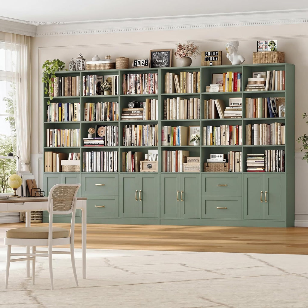 HOSTACK 71" Tall Triple Wide Bookshelf with Storage Drawers & Doors, Green