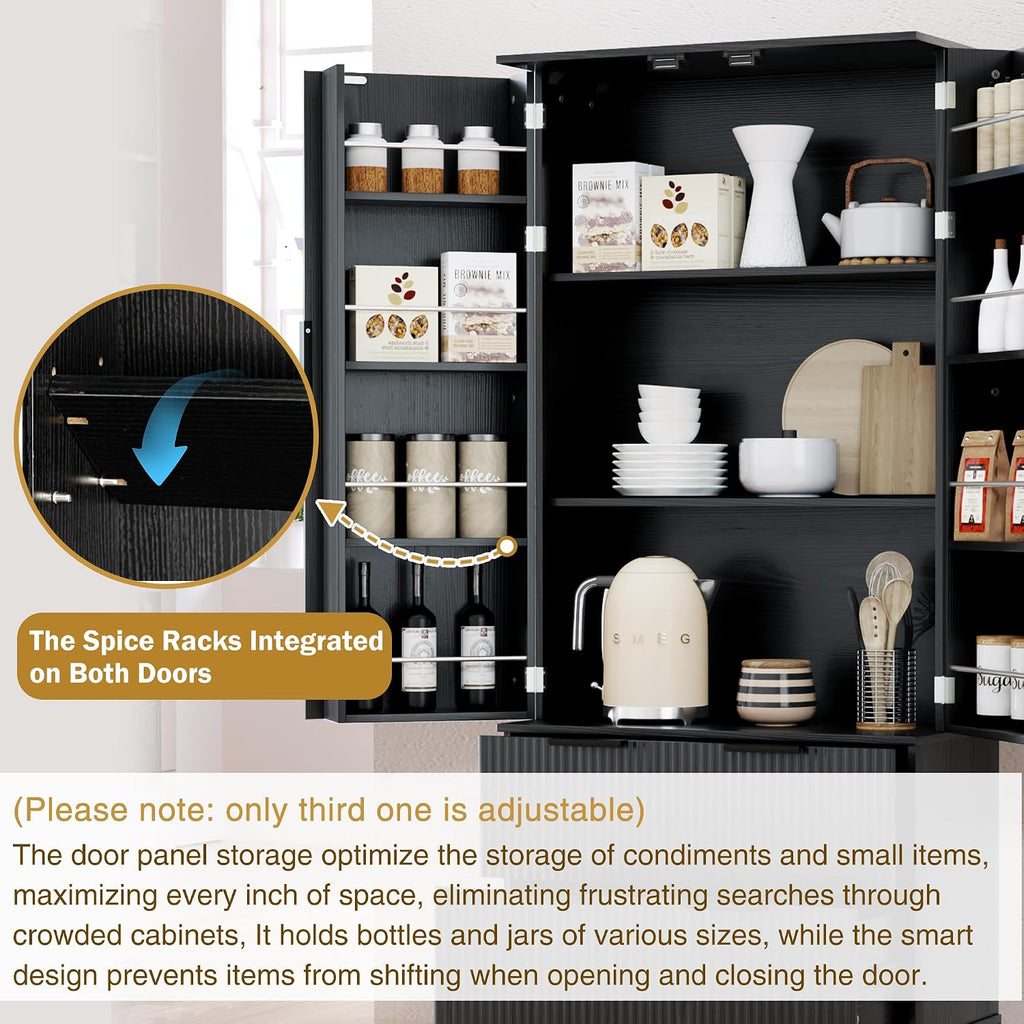 Polibi 72" Fluted Kitchen Pantry Cabinet with Drawers & 3 Shelves,Black | 8 Built-In Door Spice Racks. Sturdy MDF,Freestanding Storage Organizer for Kitchen Dining Room