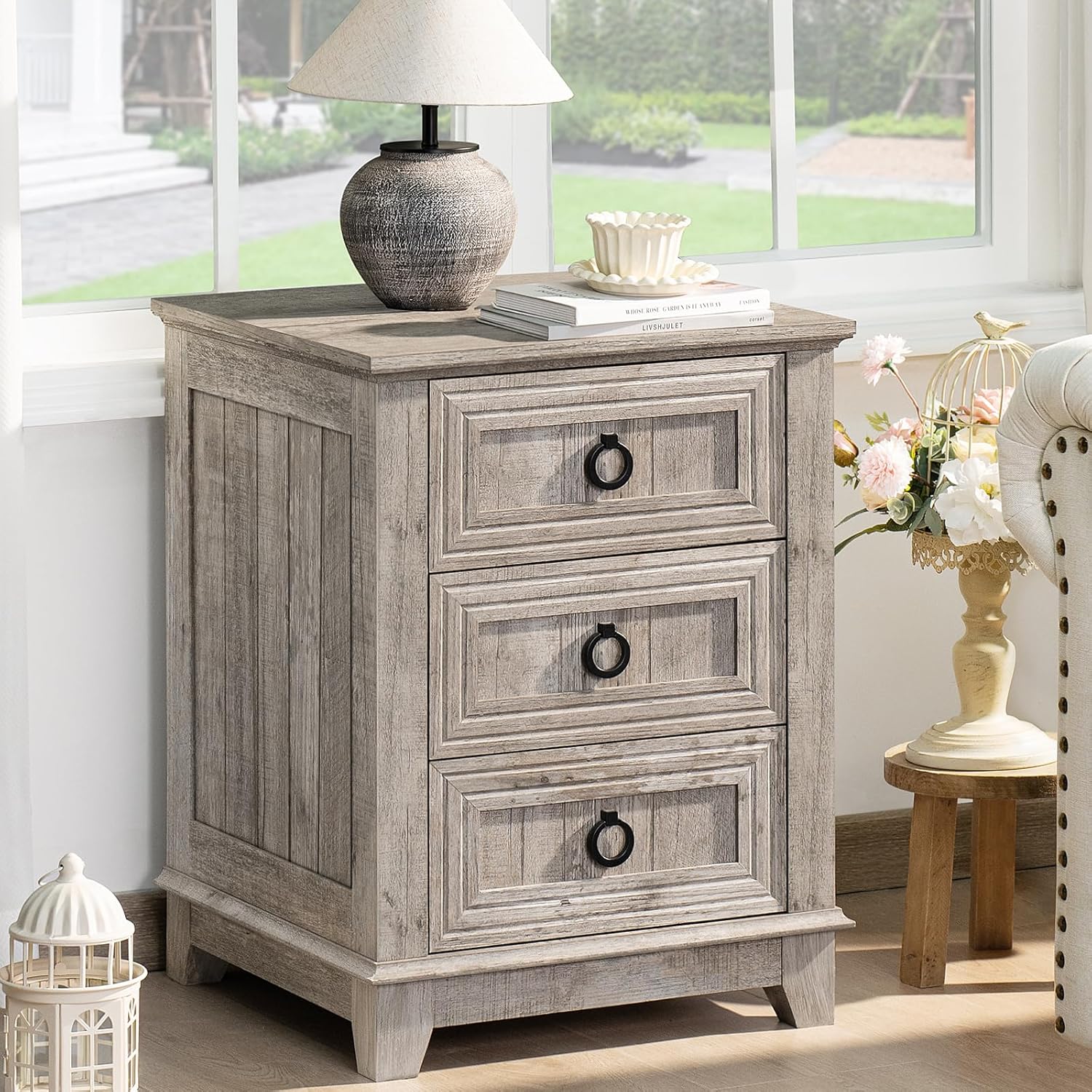 Joaxswe Farmhouse Nightstand Set 2, 18'' End Table | Sofa Bed Side Table with 3 Drawers, Oak Night Stand Cabinet for Organizer Bedroom Living Room