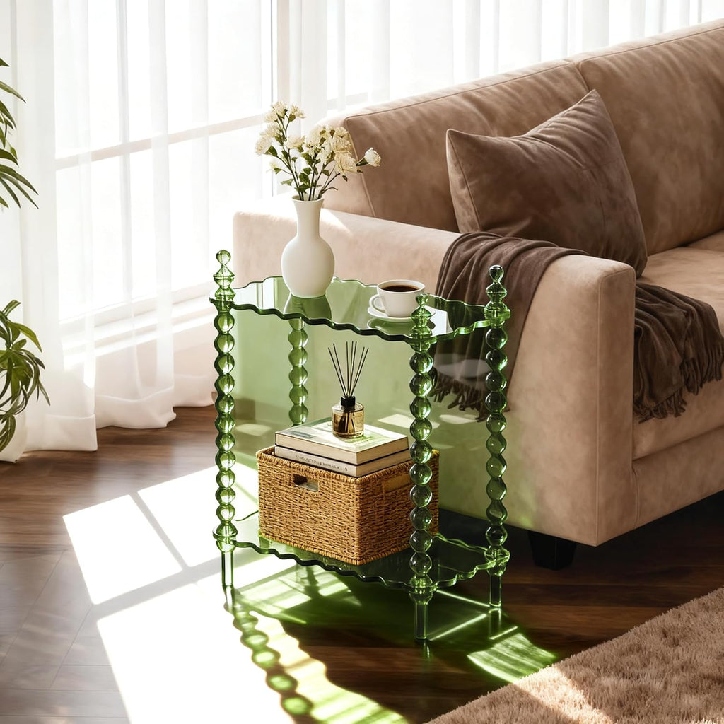 Acrylic Side Table 2-Tier, Clear Nightstand with Storage, Narrow Bedside End Table for Small Spaces (Green, 20.6"×10.4“×26”)
