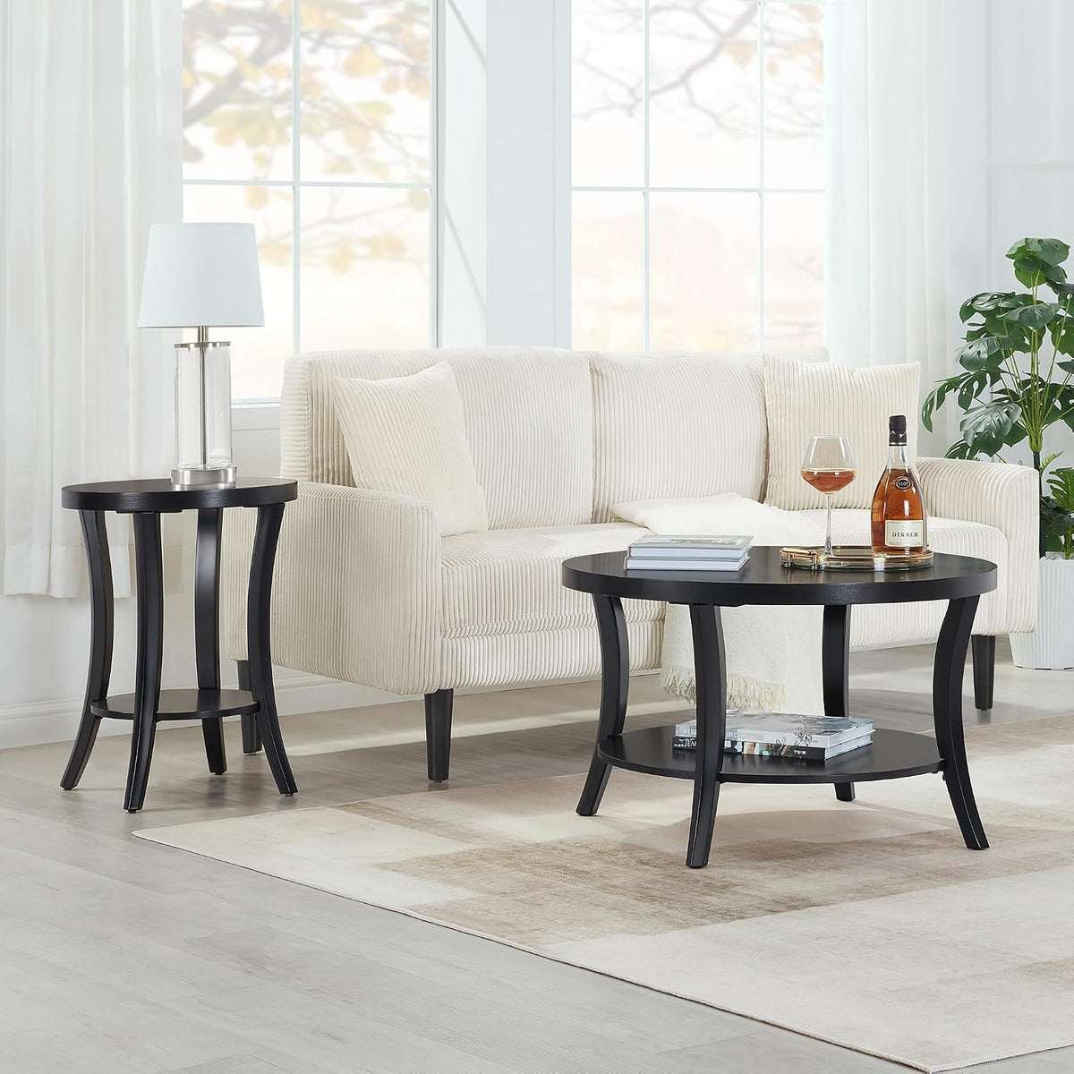 Convenience Concepts Charleston Round End Table 30" - Classic Living Room Side Table with Storage Shelf for Transitional Living Room, Family Room, Black