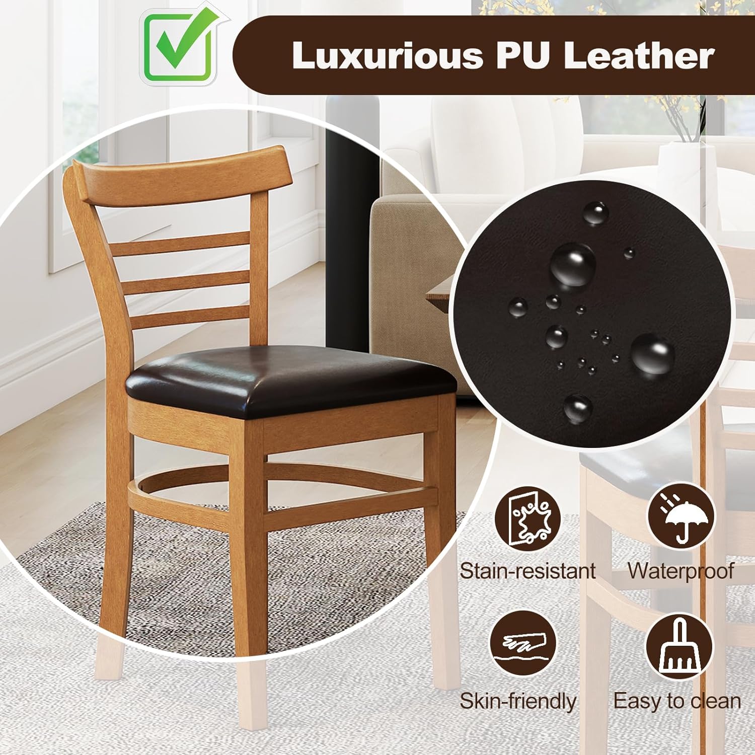 KOTEK Wooden Dining Chairs Set of 2, Solid Rubber Wood Kitchen Chairs with PU Leather Cushioned Seat and Curved Backrest, Armless Side Chairs for Dining Room, Living Room (Brown & Black)