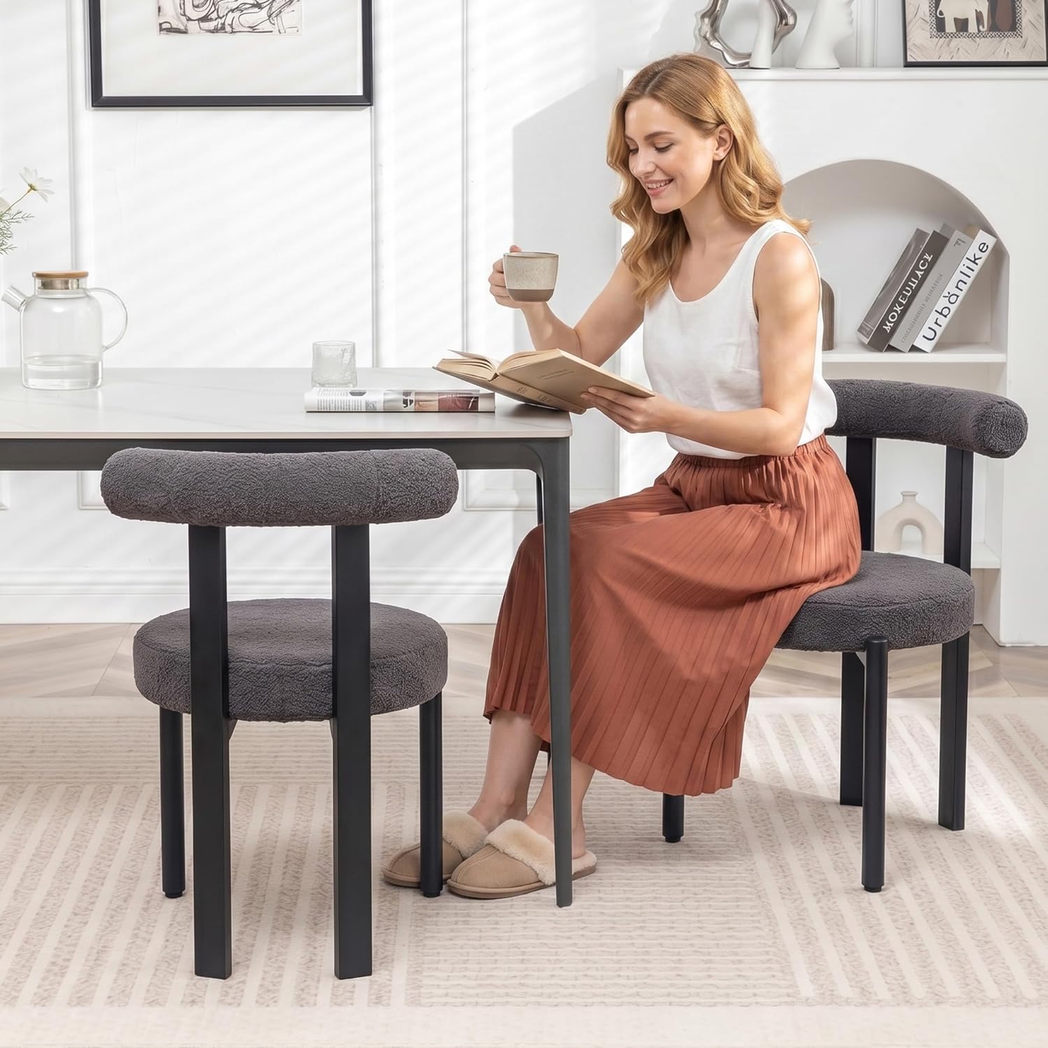 Boucle Dining Chairs Set of 4 Kitchen & Dining Room Chairs(Gray) | Mid Century Modern Upholstered Dining Chairs with Curved Backrest and Black Metal Legs