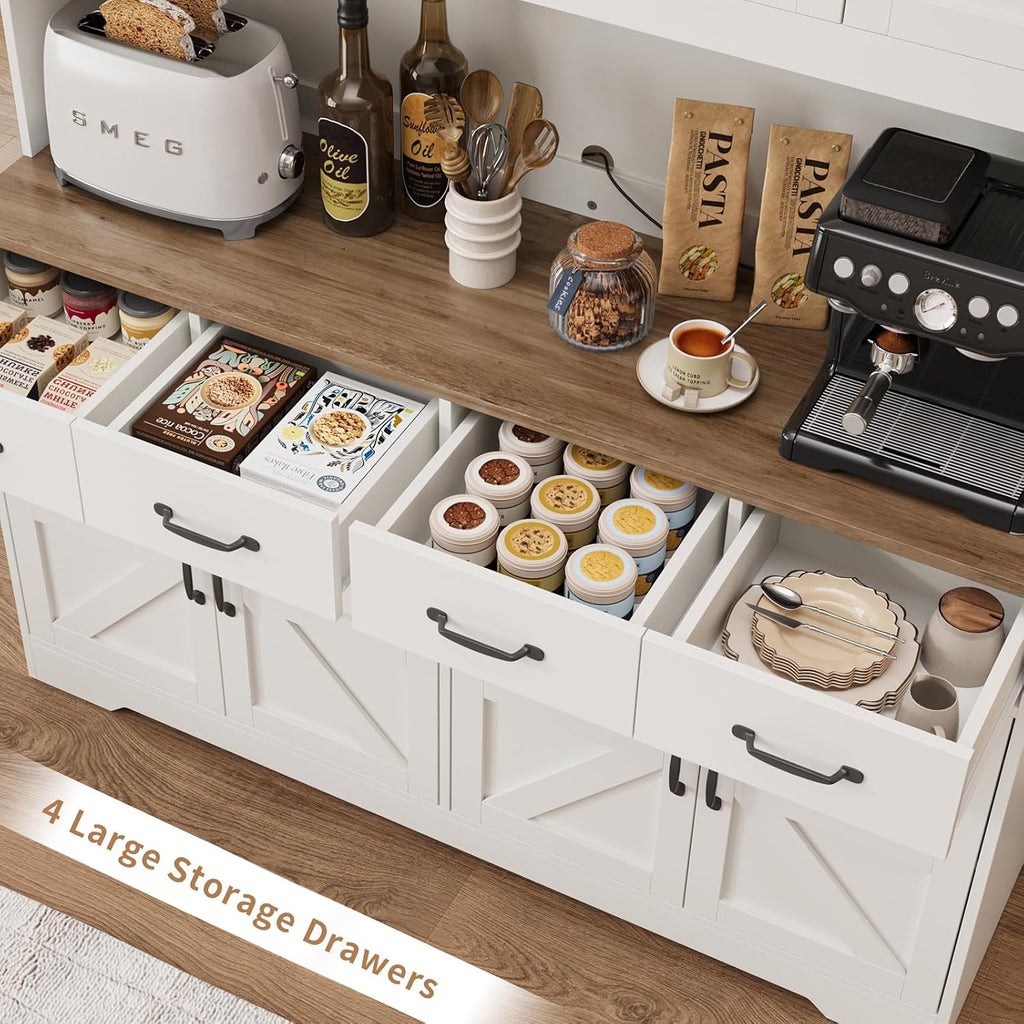 71'' Tall Pantry Cabinet with Charging Station, Large Modern Pantry Storage Cabinet with Adjustable Shelves, 4 Drawers & 4 Cabinets, 41'' Wide Kitchen Hutch with Countertop for Dining Room, White