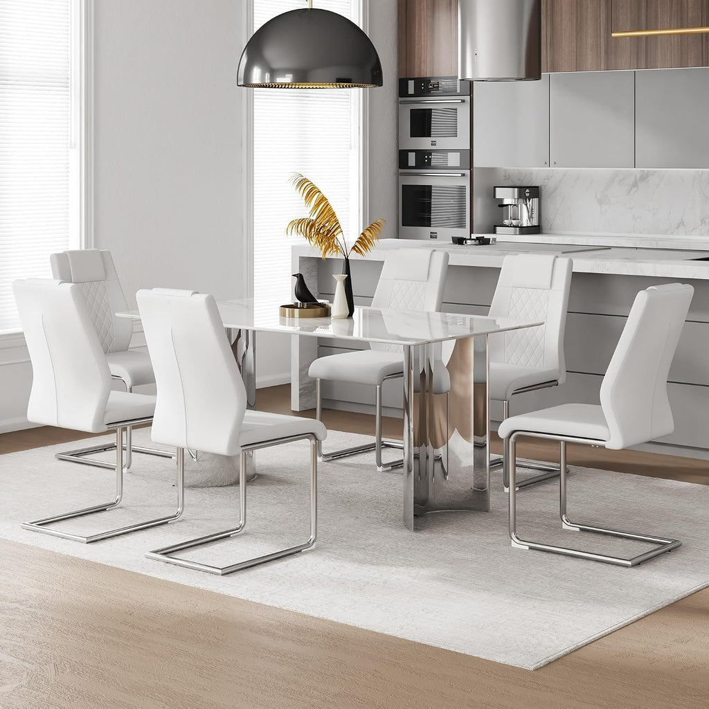Marble Dining Table Set for 6,63" Kitchen Table Set of 6,Rectangle Dining Room Table Set with Silver Chrome Legs,Tempered Glass Dining Table Set with White Faux Leather Chairs for Dining Room