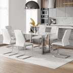 Marble Dining Table Set for 6,63" Kitchen Table Set of 6,Rectangle Dining Room Table Set with Silver Chrome Legs,Tempered Glass Dining Table Set with White Faux Leather Chairs for Dining Room