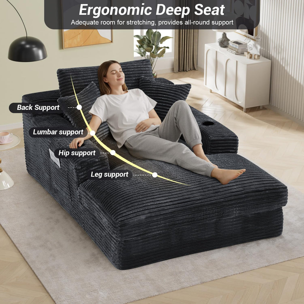 49" x 76" Corduroy Chaise Lounge, Cup Holders, Dark Gray | Super-oversized corduroy chaise with deep sleeper seating and built-in cup holders for reading, lounging, or overnight rest.