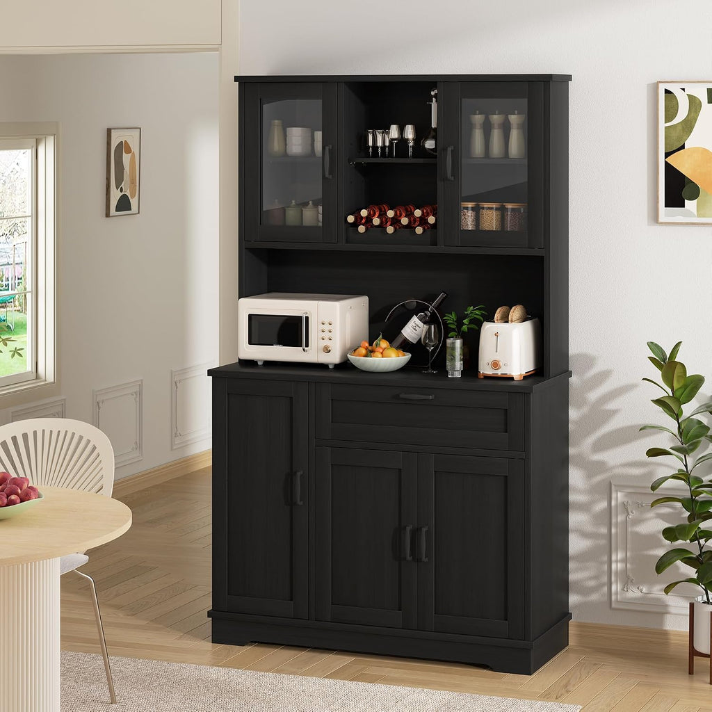 Shintenchi 68" Kitchen Pantry Storage Cabinet, with Microwave Stand, Black | Freestanding Buffet Cabinet, with 3 Door Shelves, Kitchen Hutch with Doors, Adjustable Shelves and Wine Rack
