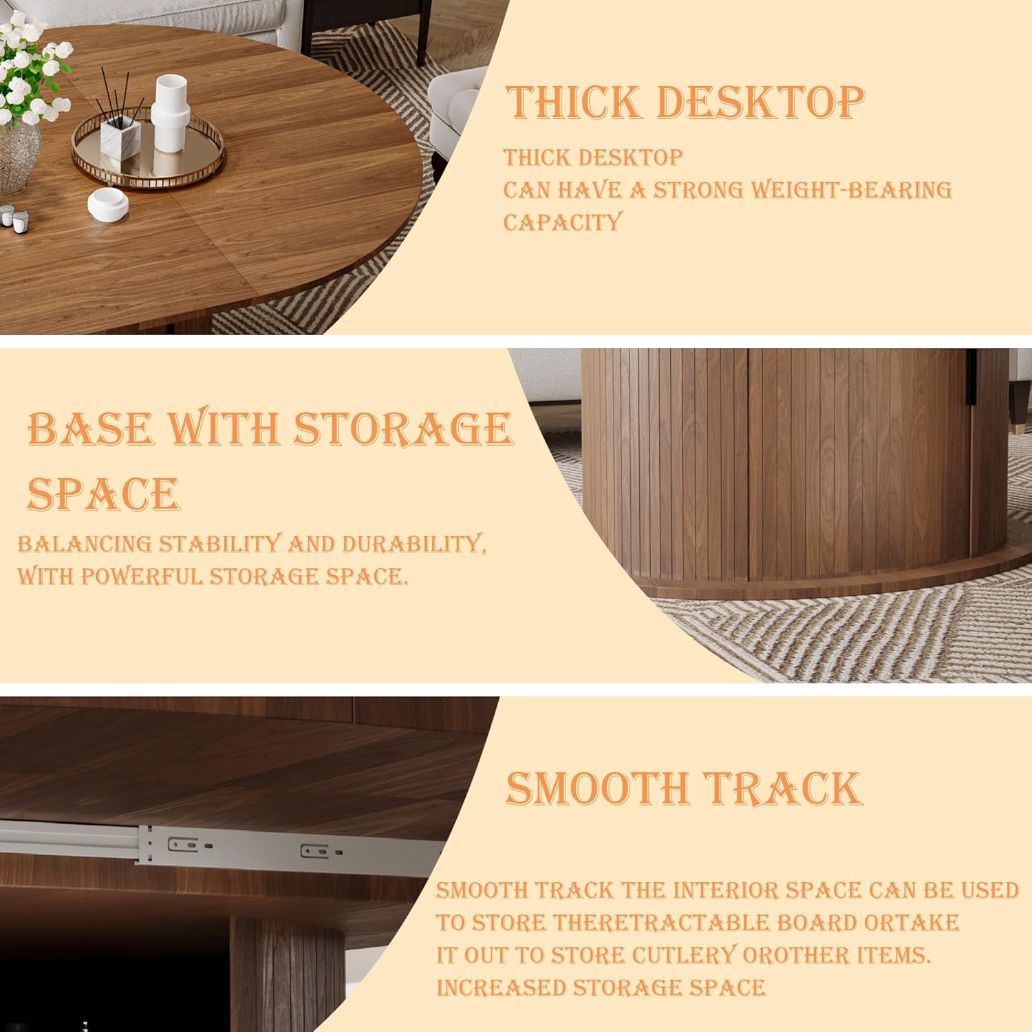 Extendable Round Dining Table for 2-4-6, 63 Inch Dining Room Kitchen Table with 2-Tier Storage Shelf, Modern Farmhouse Fluted Wood Slide Door Dinner Furniture,Oval Circle(Walnut-63 Inch)