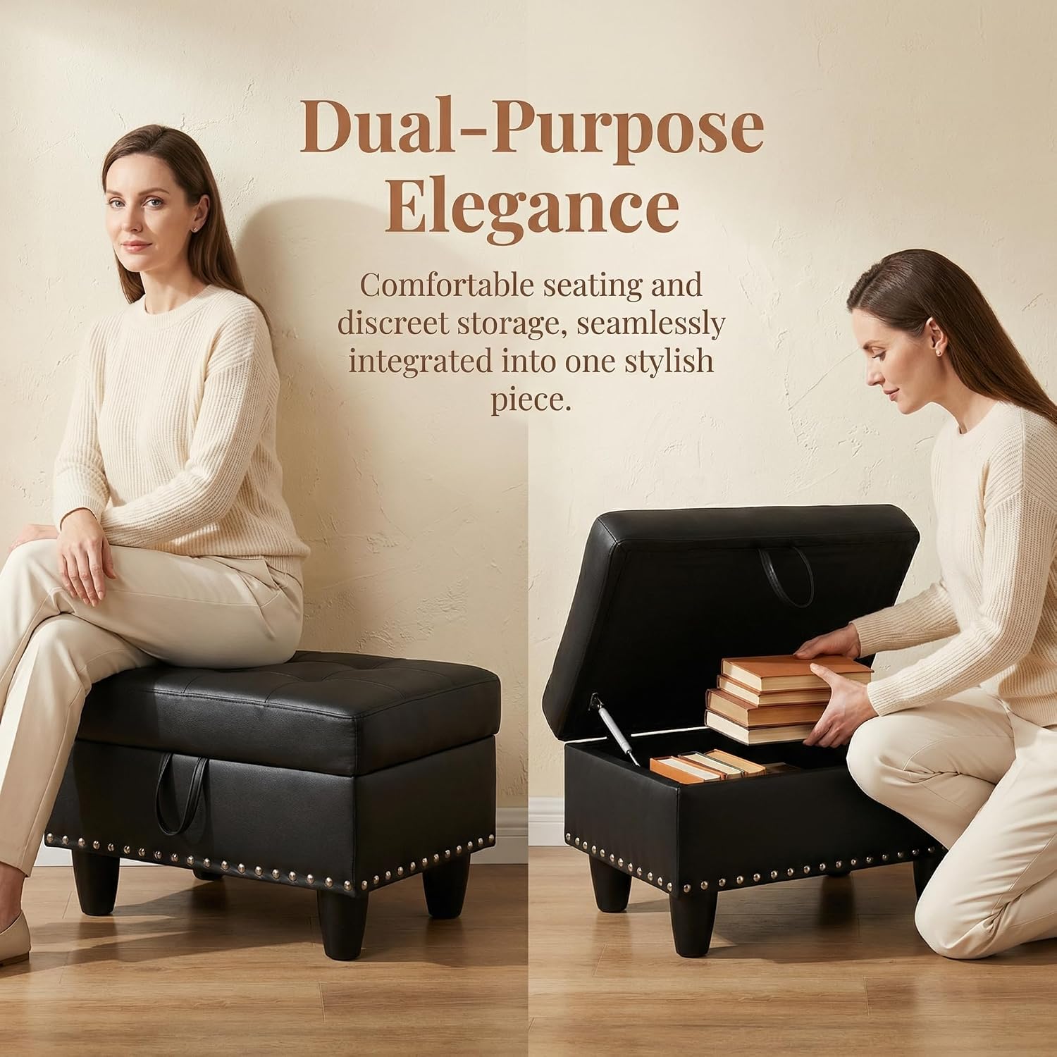 28.5 Inch Storage Ottoman Bench with Hidden Storage, PU Leather Upholstered Foot Rest Stool, Tufted End of Bed Bench for Bedroom Living Room, Easy to Clean, Black