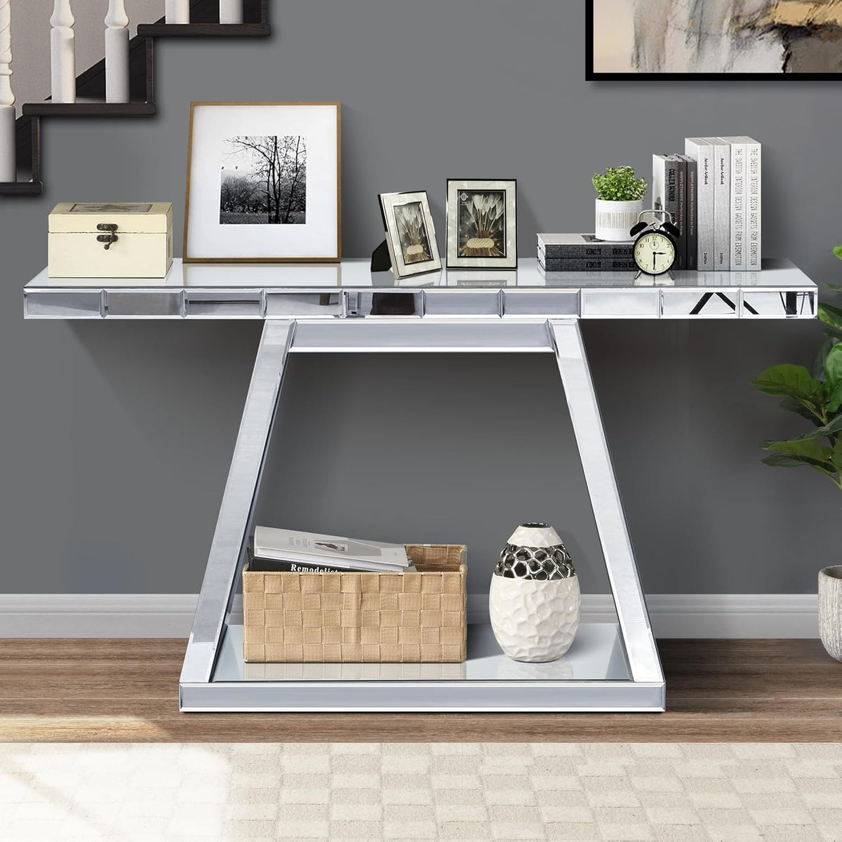 56" Silver Mirrored Console Table, Rectangle Glass Couch Behind Sofa Table with Trapezoid Base, Narrow Long Rectangular Accent Table for for Living Room Hallway Entryway Foyer Entrance