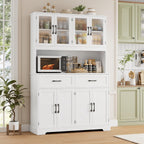 BOTLOG 71" Large Pantry Storage Cabinet with Microwave Stand | Tall Hutch Cabinet with Glass Doors 8 Storage Compartments for Dining Room, Modern White