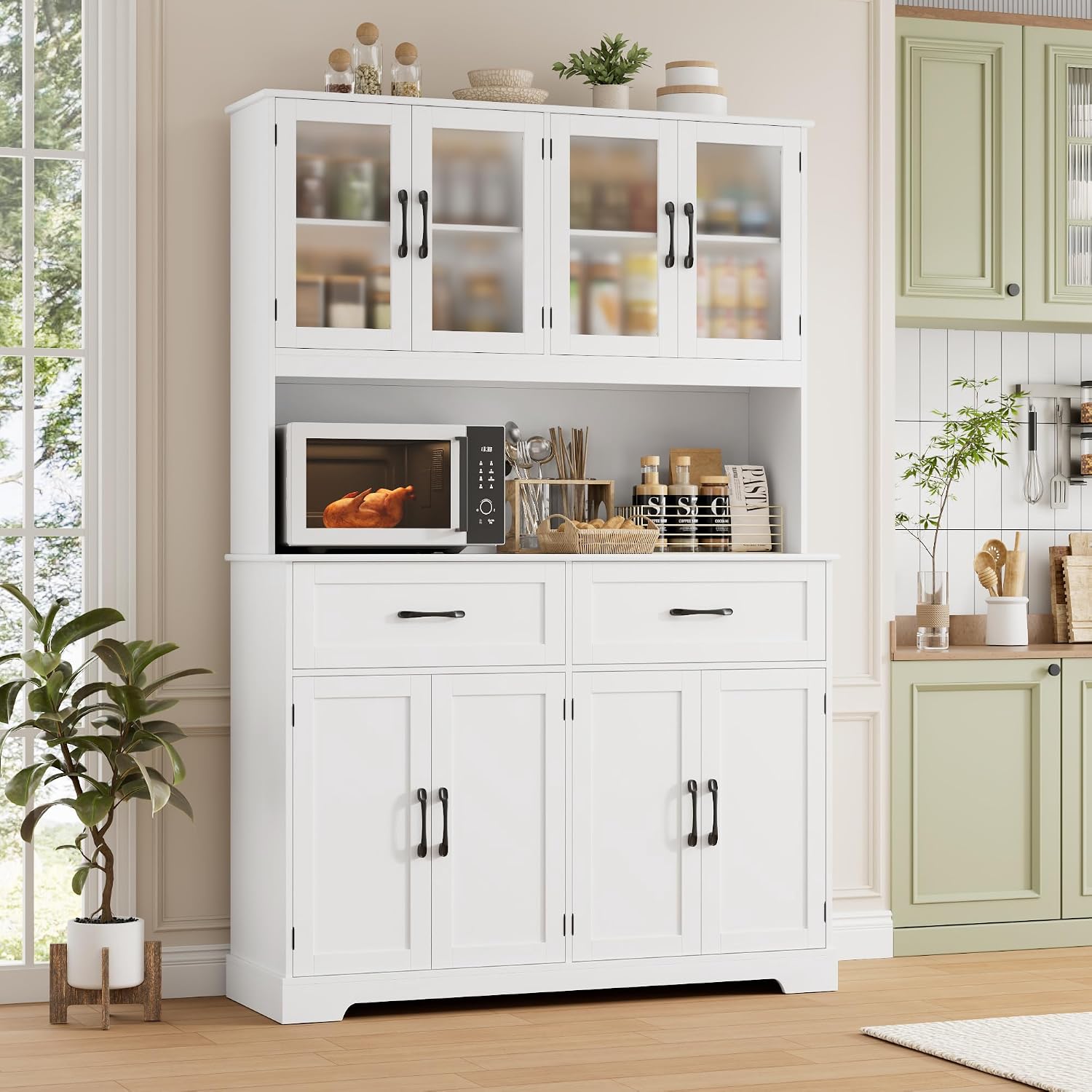 BOTLOG 71" Large Pantry Storage Cabinet with Microwave Stand | Tall Hutch Cabinet with Glass Doors 8 Storage Compartments for Dining Room, Modern White