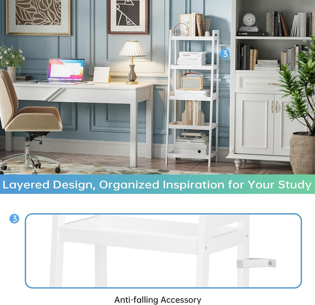 Bamboo Ladder Bookcase 5-Tier Freestanding Shelf, Bathroom Storage Rack & Plant Display Stand, Space Saver Organizer for Bedroom Kitchen Balcony, White, 50" H