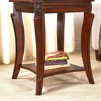 Square High End Side Table with Tempered Glass Top, Farmhouse Sofa Beside Table with Storage Shelf, Living Room Corner Tables with Wood Carved legs, 23.8”H Telephone Tabless, Cherry Brown CJZ-A1168-GT