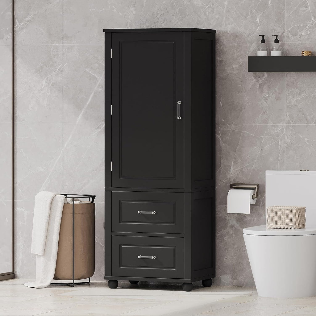 Merax 61.4" Pantry Cabinet with One Door & Two Drawers, Adjustable Shelves Storage Cupboard for Kitchen/Dining Room/Bathroom, Soild Wood Legs, Black