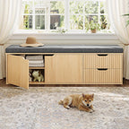 59" Storage Bench with Drawer, 2-Tier Shoe Bench with Doors, Long Entryway Bench, Thickened Cushion, Adjustable Shelf, Fluted Design for Entryway, Bedroom, Living Room, Natural