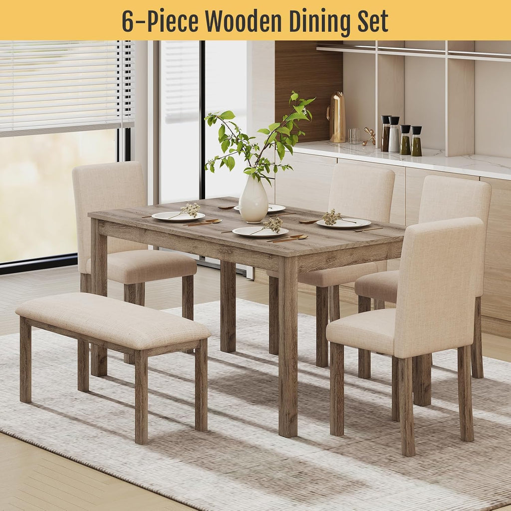 Zevemomo 6-Piece Solid Wood Dining Table Set, Including 1 Dining Table, 4 Upholstered Chairs and 1 Bench, Dining Table Sets for 6, Wooden Legs Table Set for Dining Room, Kitchen, Brown