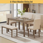 Zevemomo 6-Piece Solid Wood Dining Table Set, Including 1 Dining Table, 4 Upholstered Chairs and 1 Bench, Dining Table Sets for 6, Wooden Legs Table Set for Dining Room, Kitchen, Brown