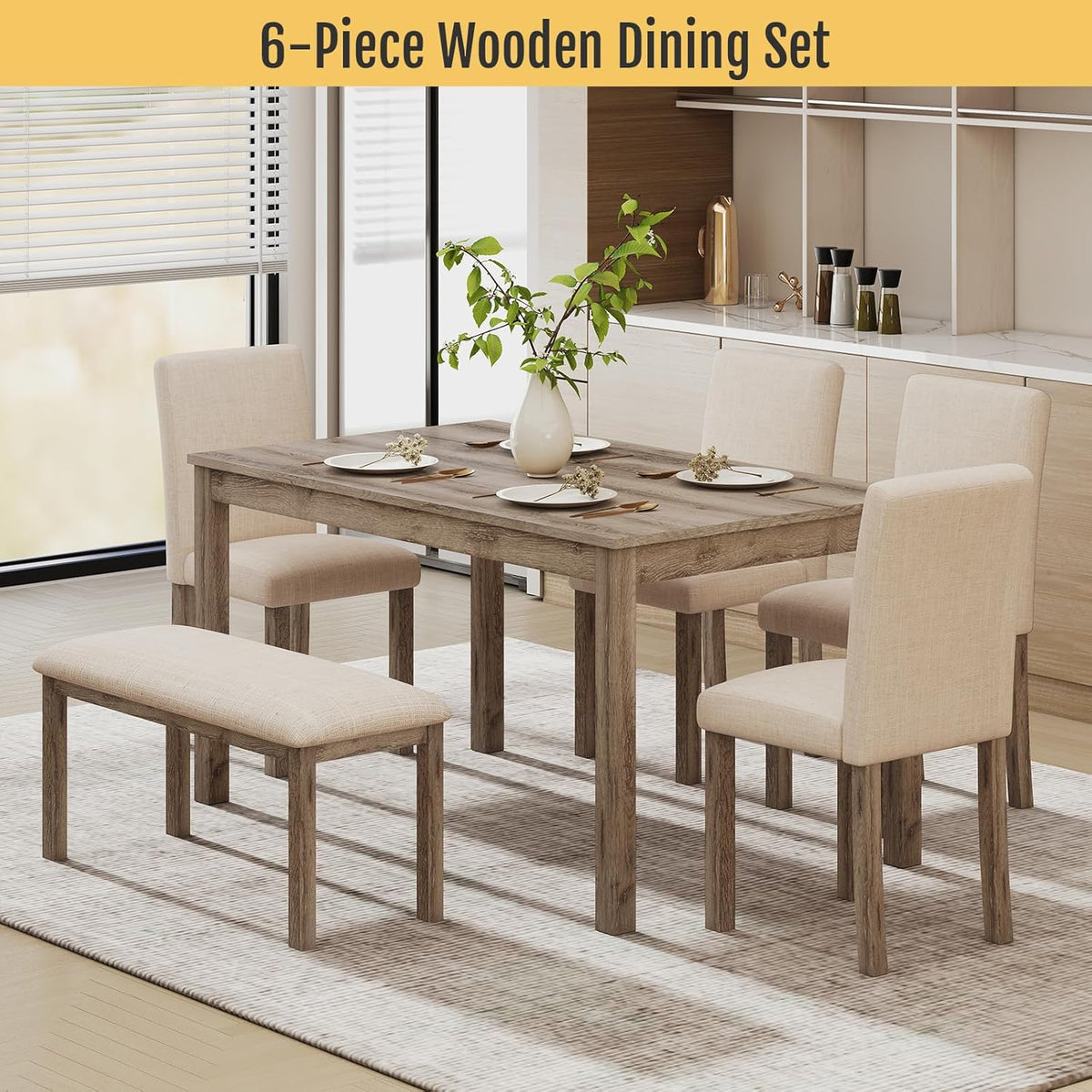 Zevemomo 6-Piece Solid Wood Dining Table Set, Including 1 Dining Table, 4 Upholstered Chairs and 1 Bench, Dining Table Sets for 6, Wooden Legs Table Set for Dining Room, Kitchen, Brown