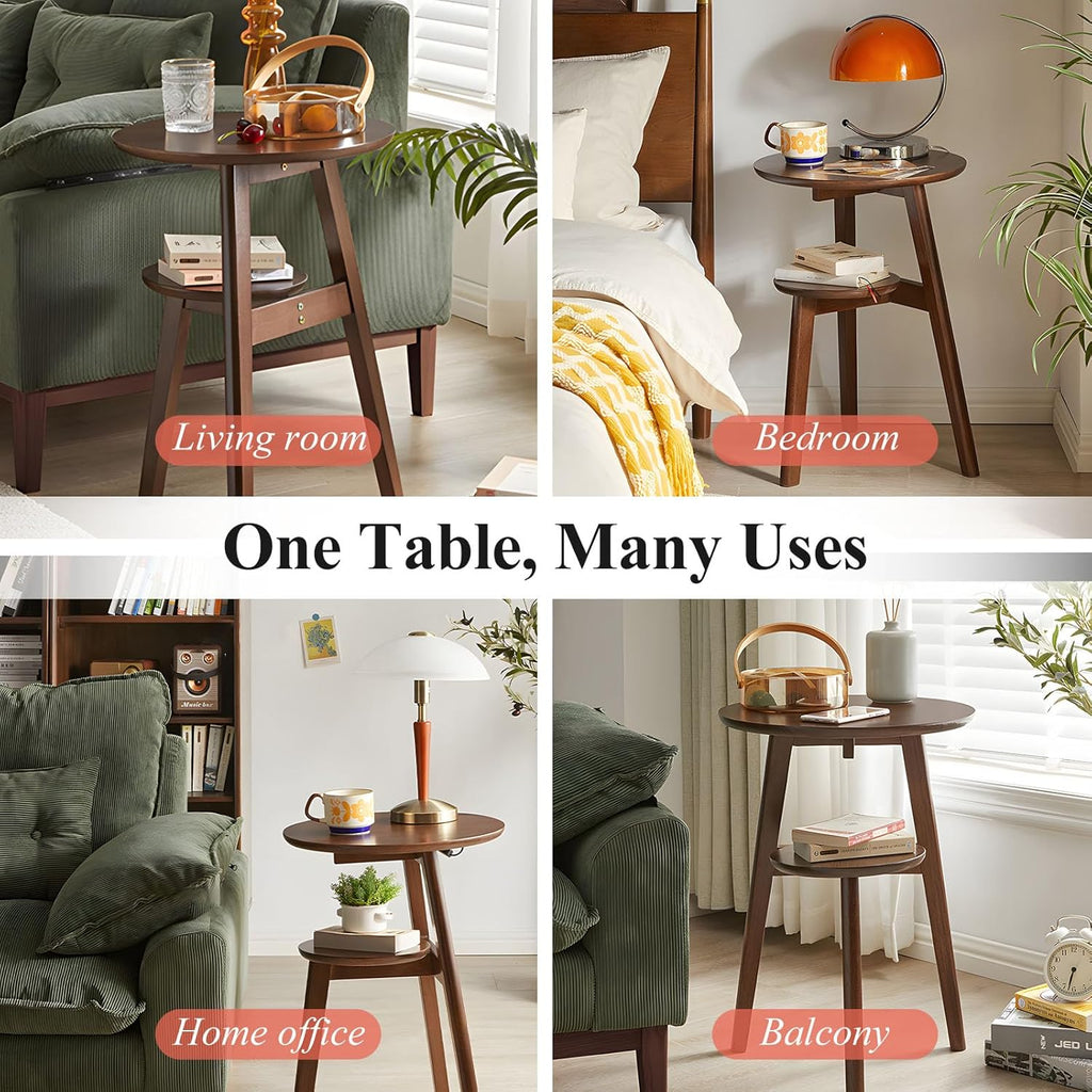 Side Table, 2-Tier Round End Tables Living Room, Mid Century Modern Side Table, Round Nightstand, Oak Accent Table, Small Round Coffee Table, 16.54" Dia.x 23.62" H(Walnut)
