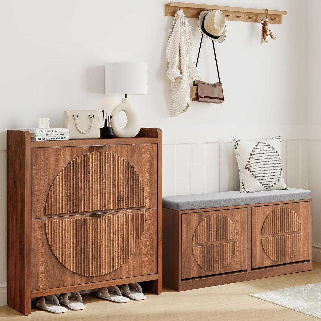 Narrow Shoe Storage Bench for Entryway, Wooden Shoe Cabinet with Flip Drawers& Adjustable Shelves, Shoe Rack Bench with Cushion, Shoe Organizer with Fluted Pattern for Hallway, Living Room (Walnut)