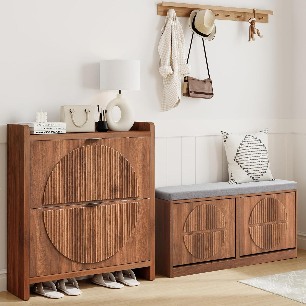 Narrow Shoe Storage Bench for Entryway, Wooden Shoe Cabinet with Flip Drawers& Adjustable Shelves, Shoe Rack Bench with Cushion, Shoe Organizer with Fluted Pattern for Hallway, Living Room (Walnut)